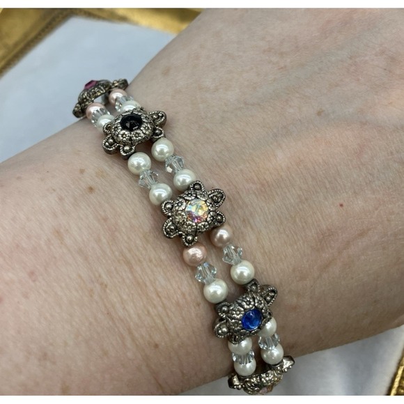 The Unbranded Brand Jewelry - Handmade 2 Row Panel Bracelet Pearl Rhinestone Regal Royalcore Coquette Romantic